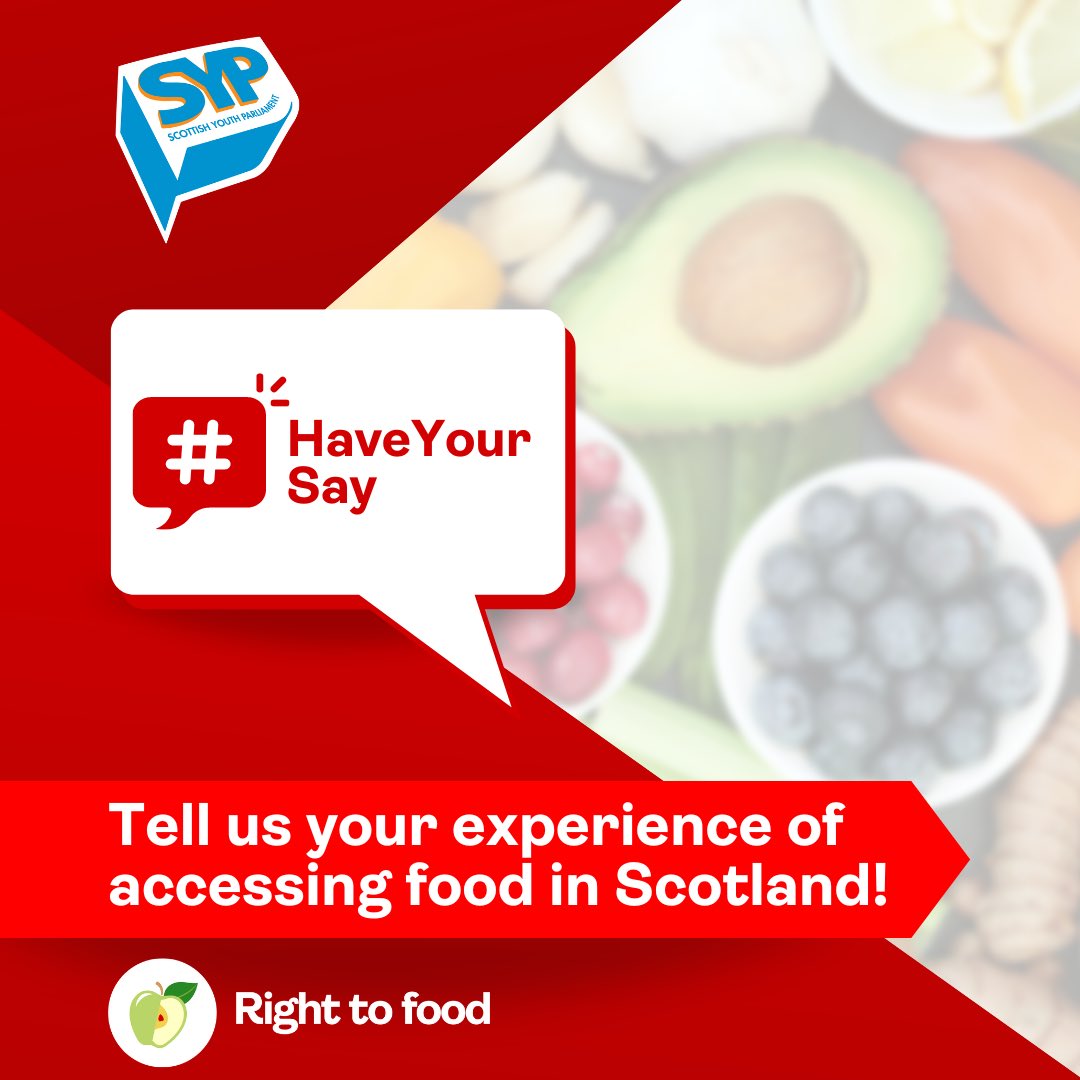 📣 Calling on young people aged 12-25!

<a href="/OfficialSYP/">Scottish Youth Parliament</a> wants you to #HaveYourSay on how young people’s access to the right to food can be improved

Fill in our survey ➡️ bit.ly/SYPFoodSurvey