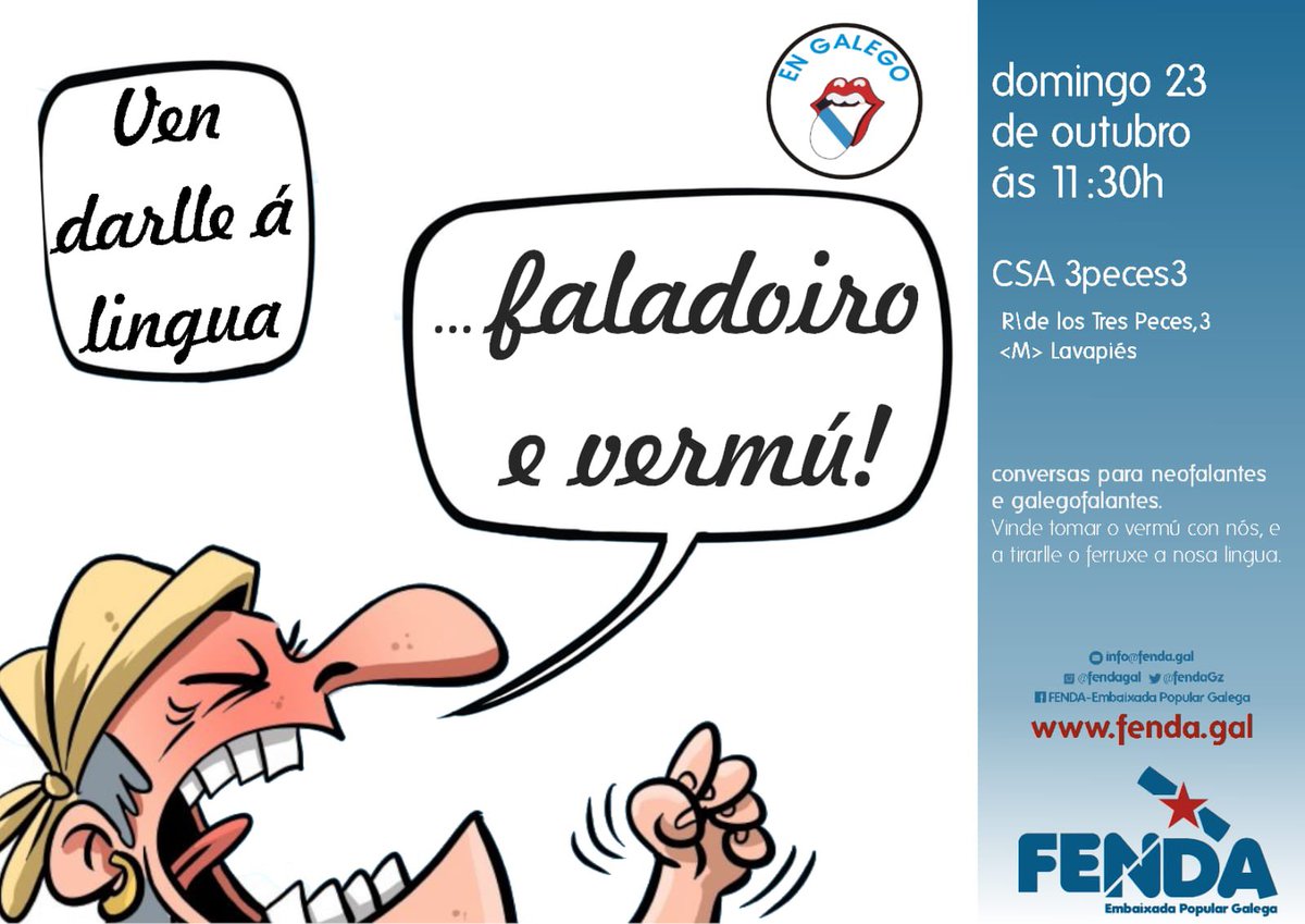 Retomamos a nosa actividade! Estades todas convidadas o próximo domingo 23 ás 11.30 para conversar e tomar o vermú no local do 3 Peces 3. Anímadevos galegofalantes a lle tirar a ferruxe á lingua!