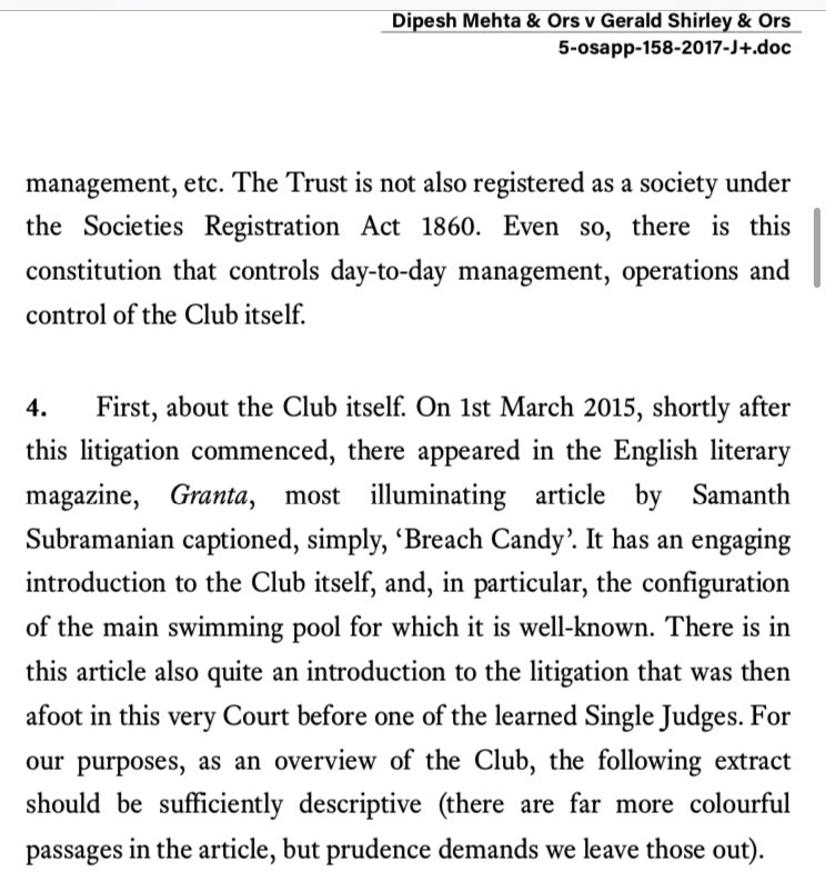 A few years ago, I wrote a @GrantaMag piece about a glorious spat between members of the Breach Candy Club. A Bombay High Court order this past week, resolving the litigation, quoted SIX pages from the piece, with this amazing introduction…