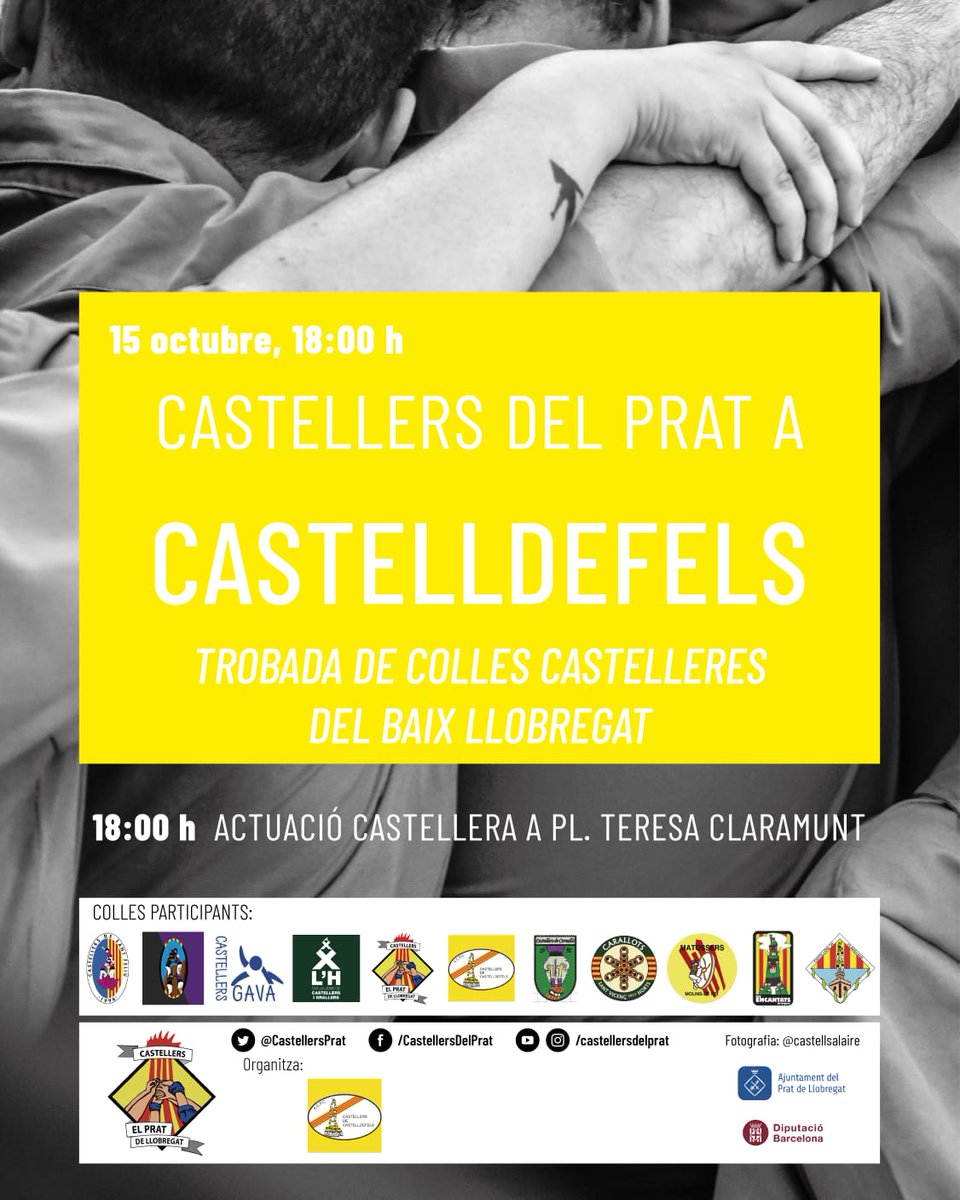 CastellersPrat's tweet photo. Mireu quin goig de diada! Avui tenyirem Castelldefels amb els colors del Baix! 26a Trobada del Baix amb 11 colles! #OrgullDeBaix 

Dia súper important, anem a màxims!! Ho tenim a tocar! Entre totes, fem-ho possible!

🕕 18.00h
📍 Plaça Teresa Claramunt, Castelldefels https://t.co/8ZxeJcGcCd