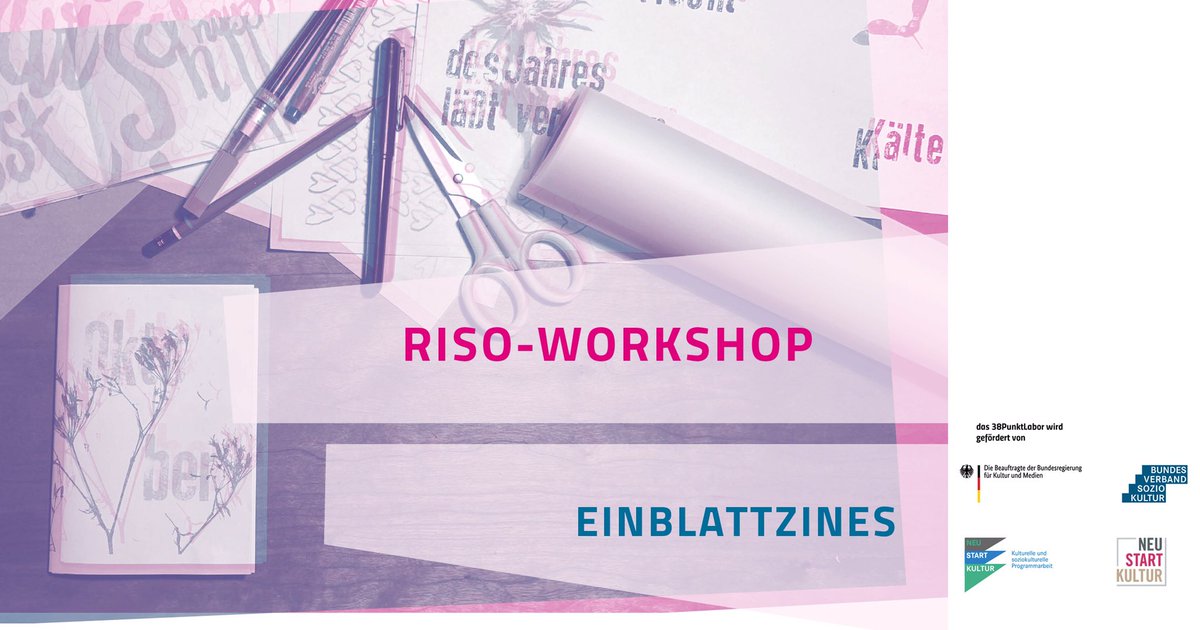 38punkt's tweet photo. Unser 38PunktLabor gefördert durch NeustartKultur startet Eine neue Runde: https://t.co/FT4A8YhusL #neustart #neustartkultur #kunst #riso #zine #hallesaale #workshop #kurs #kreativkurs #handmade #kultur #siebdruck #kunstundkultur #papier #farbe #druckkunst #gestalten https://t.co/wvd6AVl9Ip