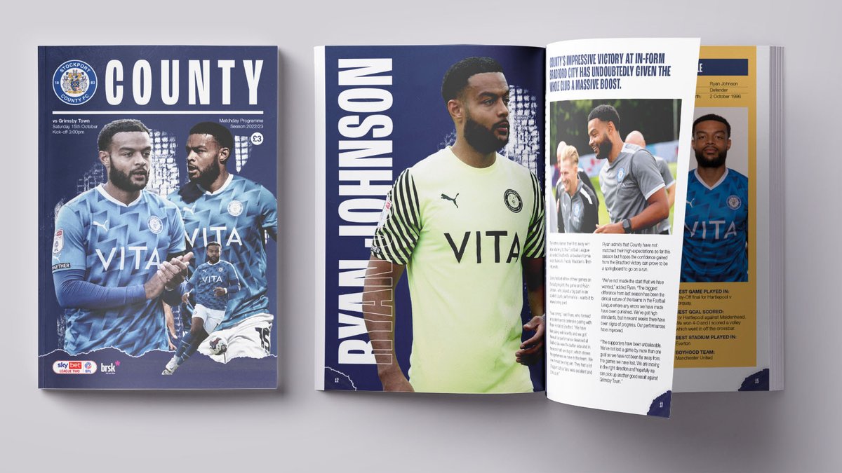 StockportCounty's tweet image. Ryan Johnson features on the cover of this afternoon's edition of our award-winning match day programme, ahead of our game against Grimsby.

Don't forget to pick up your copy from the Club Shop or around the ground, available for just £3!

#StockportCounty