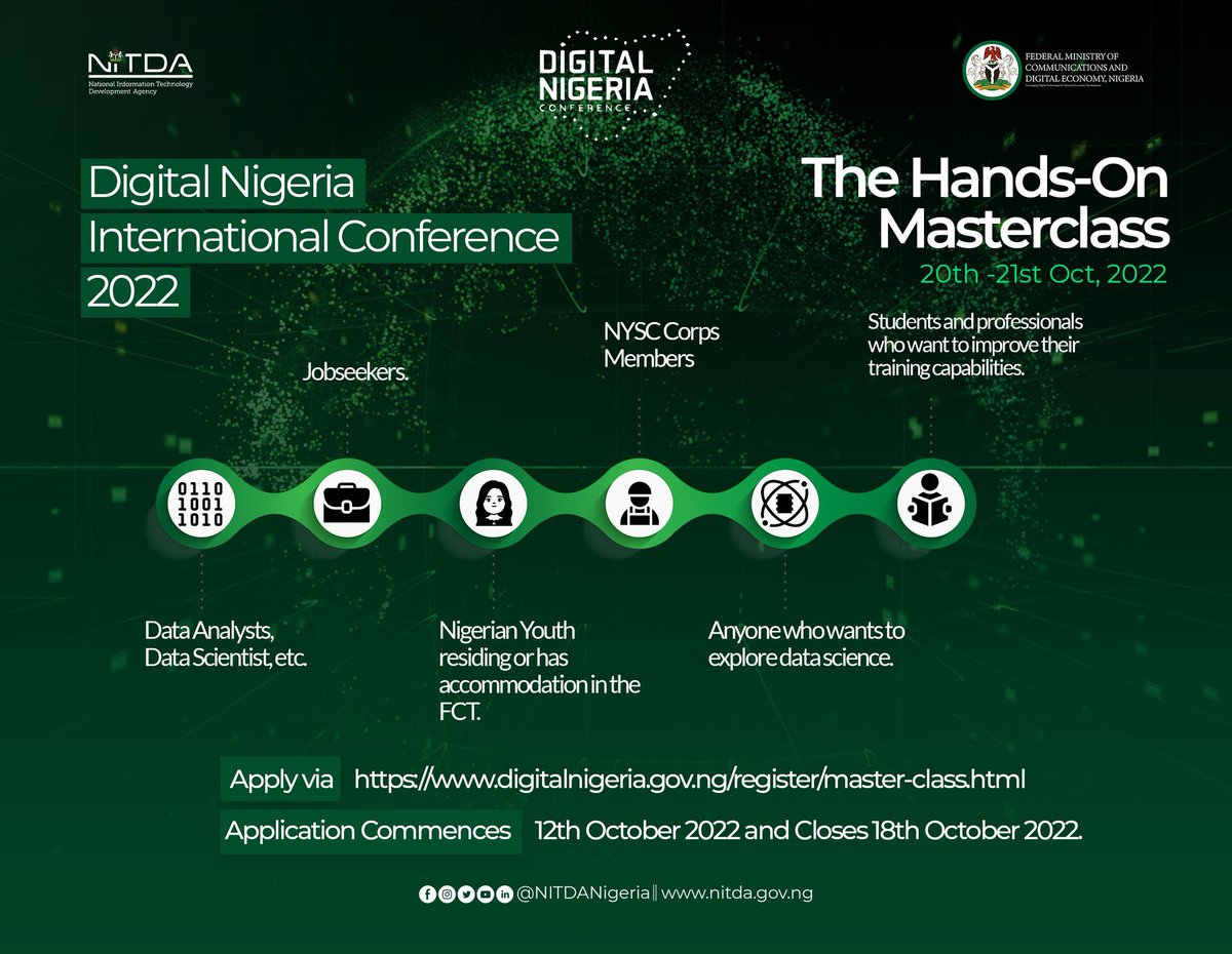 OvieNews's tweet image. APPLY:

#DigitalNigeria2022 has opened applications for the Hands-on Masterclass for Data Analysts, Data Scientists, Jobseekers, NYSC Corp Members, Students, and Anyone Who Wants to Explore Data Science.

Apply here: digitalnigeria.gov.ng/register/maste…

Application closes on 18th Oct, 2022