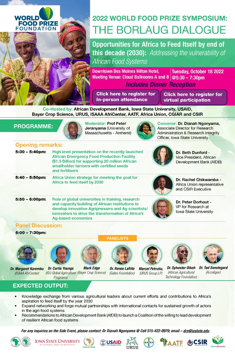 Feeding a fragile world amid global food/feed system shocks will require more not less tools in farmers toolbox. Join @afri_isaaa, @AfDB_Group & @IowaStateU at @WorldFoodPrize as experts share opportunities in #agribiotech tools bit.ly/3fYRxh8 | bit.ly/3Ck8D0H