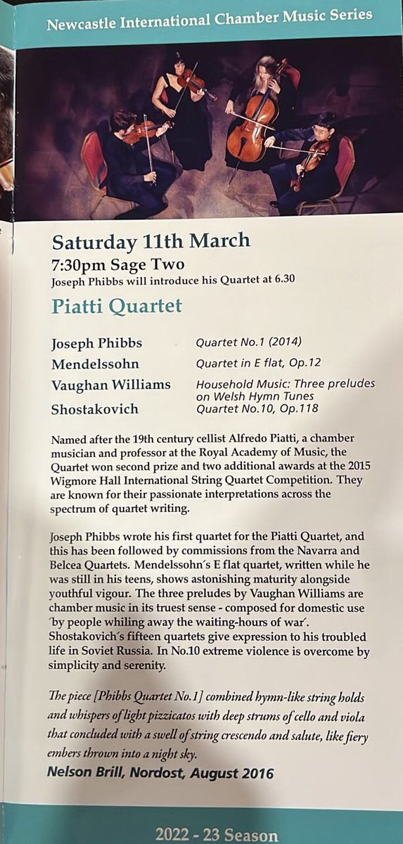We just got sent this by friends up north! This concert is only 5 chancellors away from now!! @JosephPhibbs @RVW_Trust @RVWSociety @RVWinfo #newcastleinternationalchambermusic