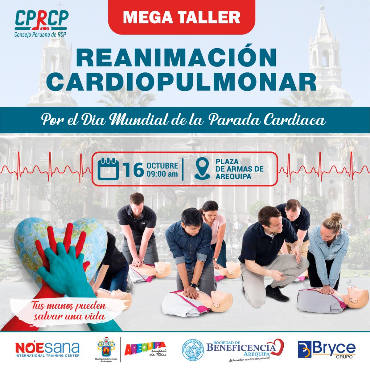 CPdeRCP's tweet photo. 16 de octubre MEGA TALLER en la Ciudad de Arequipa celebrando el día mundial de la parada cardiaca  #WorldRestartAHeart #CPRCP @CIEuroamericano @Noesana @PlanNacionalRcp @ResusGer @AlbanianArc @IAHFnews @rcpEspana
 @ERC_resus @ccr_c https://t.co/1aDfEwsii4
