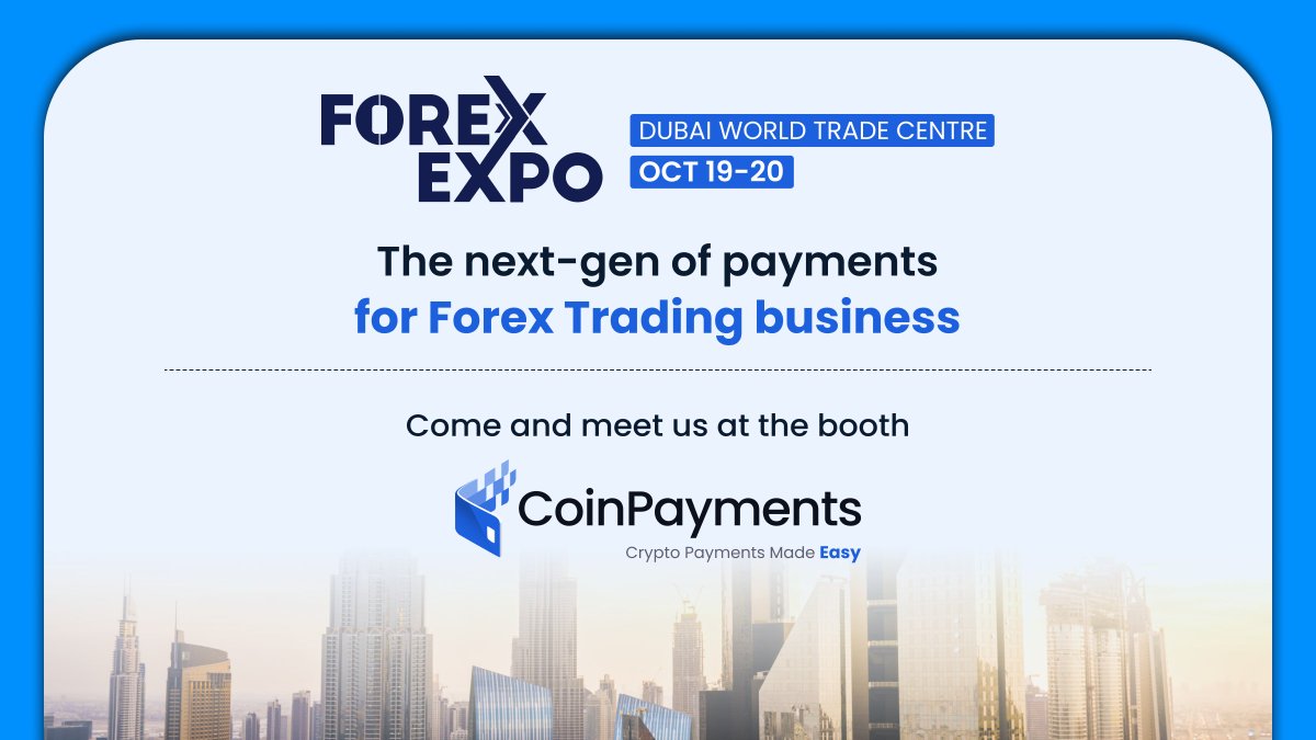 COINPAYMENTSNET's tweet image. Meet our team at the CoinPayments booth at @TheForexExpo in Dubai, Oct 19-20.

If you would like to talk about crypto, blockchain and, of course how to start accepting crypto payments for your Forex Trading business we will be there for you!

See you soon 😎

#forex #trading