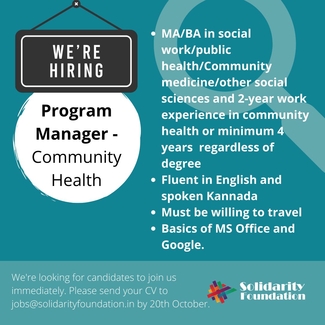 SolidarityFoundation (@solidarityfound) on Twitter photo We are #hiring!
The role involves managing health pillar programmes and ensuring the pillar's work is relevant to grassroots Gender and Sexual Minority, Sex Worker and Persons Living with HIV communities. Read more here: bit.ly/community-heal…
✉️jobs@solidarityfoundation.in We are #hiring!
The role involves managing health pillar programmes and ensuring the pillar's work is relevant to grassroots Gender and Sexual Minority, Sex Worker and Persons Living with HIV communities. Read more here: bit.ly/community-heal…
✉️jobs@solidarityfoundation.in