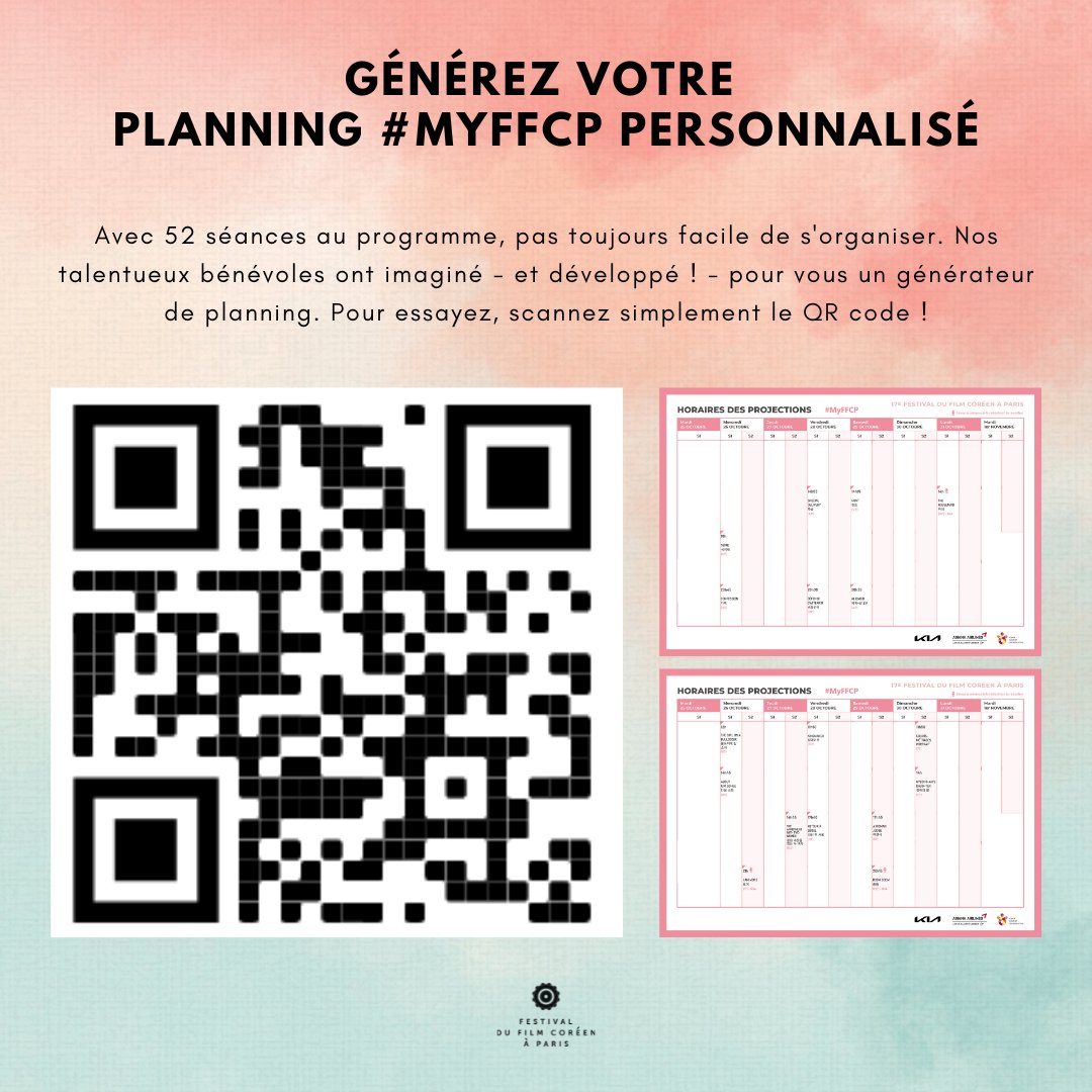 ffcp_cinema's tweet photo. Et si vous éditiez une grille horaire #MyFFCP personnalisée en fonction de vos dispo et vos envies de films lors du FFCP ? C'est maintenant possible grâce à un de nos super bénévoles ! Scannez le QR code et à vous de jouer ! #NosBenevolesOntDuTalent #cinema #coree https://t.co/uRJ0R7bQax