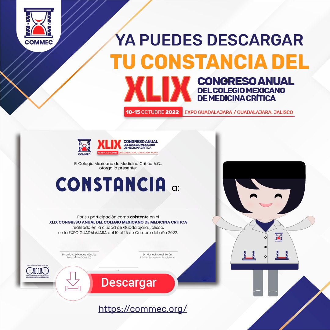 COMMEC_oficial's tweet photo. Descarga tu constancia del XLIX #Congreso Anual del Colegio de #Medicina #Critica, escaneando el código QR de tu gafete o a través del siguiente enlace:
https://t.co/y73CHf55zy
📍Expo Guadalajara | Jalisco
#commec2022 https://t.co/VEX7sJcnU0
