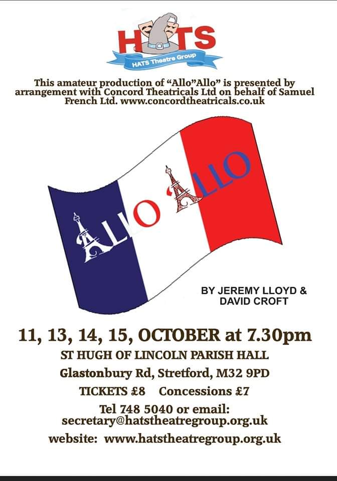 Last chance tonight to see HATS production of  "Allo Allo"!! 
<a href="/StHughPrimary/">St Hugh of Lincoln</a> <a href="/LongfordTap/">The Longford Tap</a> <a href="/5pacecolonist/">Colin Baker</a> <a href="/RMHCUK/">Ronald McDonald House Charities UK</a> <a href="/StretfordM32/">StretfordM32</a>
<a href="/StretfordPHall/">Stretford Public Hall</a> 
<a href="/FOVPStretford/">Victoria Park M32</a>   <a href="/Radiowishing/">Radio Wishing Well</a> <a href="/actukorg/">Association of Community Theatre</a> 
Please re-tweet 
m.facebook.com/groups/ourM32/…