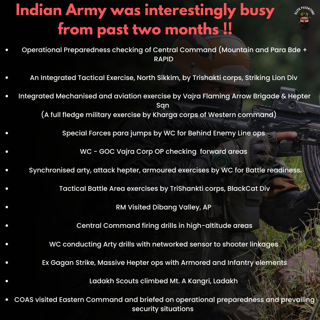 elitepredatorss's tweet photo. List of exercises and visits conducted by Indian Army in past 1.5 months, these are those which available in public domain only. 

Interestingly busy Indian Army -  Also note the formations involved in the exercises. I am sure it is routine, nothing special 😁 https://t.co/8NthKb4DNN
