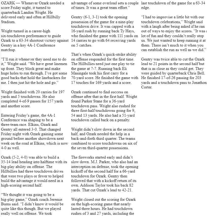 “I’ll run it whenever they need me. We have great linemen up front. They block great and make huge holes. I’ve got some good backs that hold the linebackers for me. I then just hit the hole and go.”

<a href="/Landon_Wright2/">Landon Wright</a> turned in a career-high 6 touchdowns to guide Ozark
#PrepRally