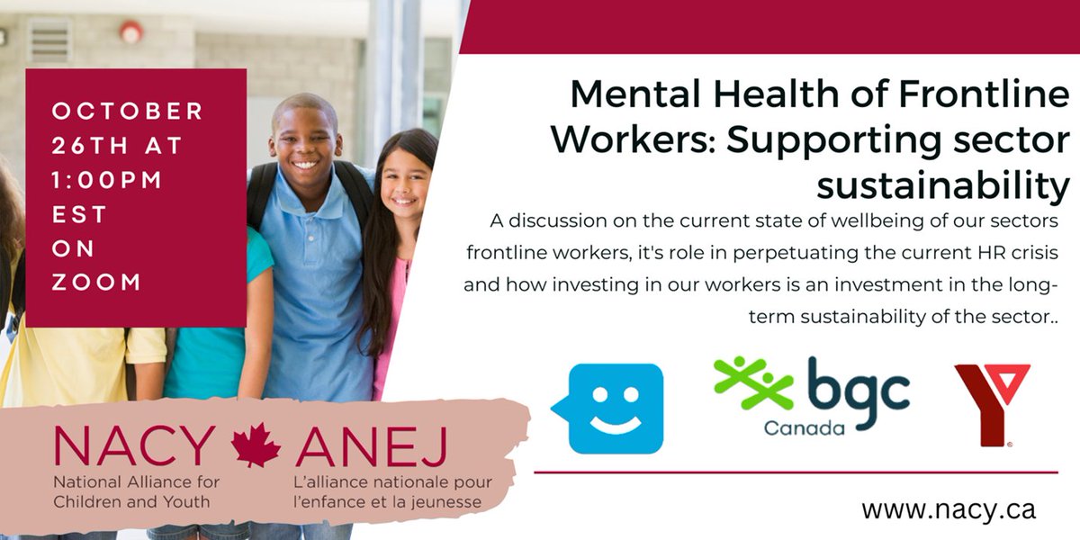 BGCCAN's tweet image. We’ve teamed up with @NACY_ANEJ  @GreaterVanYMCA and @KidsHelpPhone to have an in-depth conversation about the wellbeing of our frontline workers, and how investments in our workers in an investment in young people in Canada.

Oct 26 @ 1PM EST
Register: buff.ly/3Cpu40e