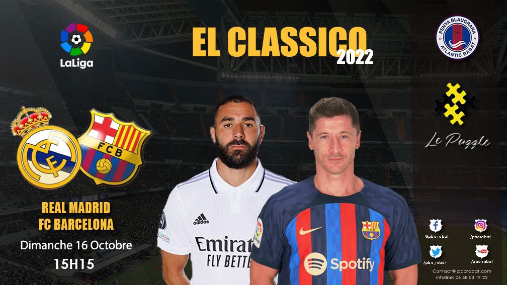 pba_rabat's tweet photo. Le Real Madrid accueille le FCB pour un "Classico" qui s'annonce très prometteur.
Soyons nombreux à encourager notre équipe de coeur dans l'ambiance de la Penya Blaugrana Atlantic et le magnifique cadre de la Bodega Barça au Puzzle. 

#FCBlive #Clásico #LaLiga #ForçaBarça🔴🔵 https://t.co/ahqeMLDt7H