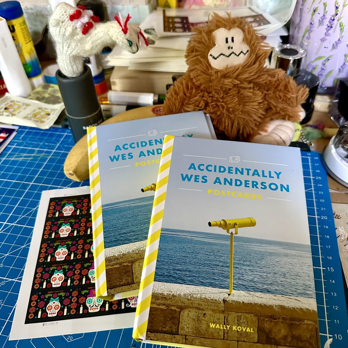 Postcardist's tweet image. I’ve enjoyed sending these #accidentallywesanderson postcards. Each card gets a stamp game.