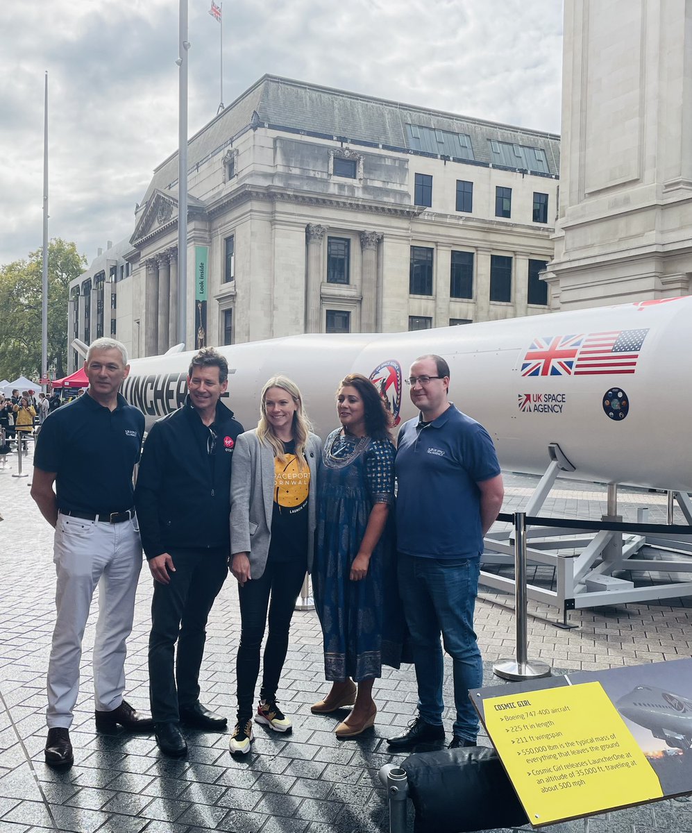 Great to have Science Minister @Nus_Ghani with us today to open the LauncherOne exhibit outside the @sciencemuseum The replica rocket is on display this weekend, as we count down to the first ever satellite launch from the UK 🚀 @SpaceCornwall @VirginOrbit