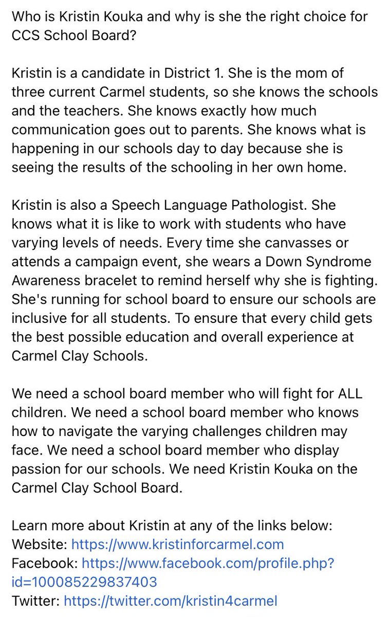 Learn more about District 1 candidate Kristin Kouka <a href="/kristin4carmel/">Kristin L Kouka</a>