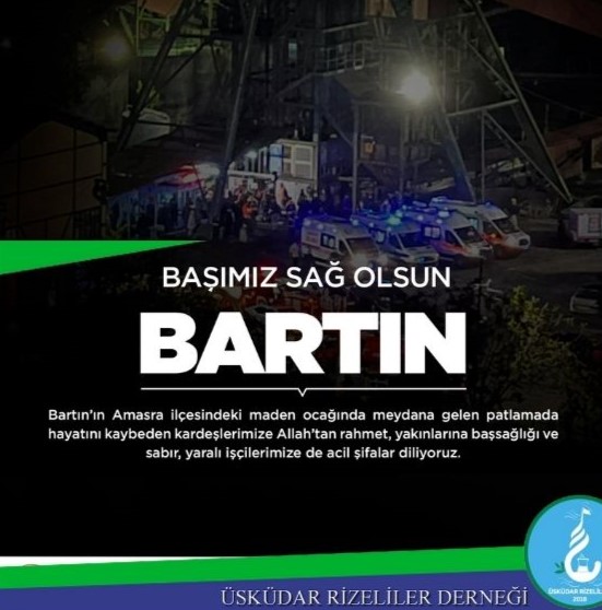 Amasra'da maden ocağında yaşanan patlamada vefat eden vatandaşlarımıza Cenab-ı Allah’tan rahmet, yakınlarına başsağlığı diliyoruz.Yaralılarımıza acil şifalar temenni ediyoruz.