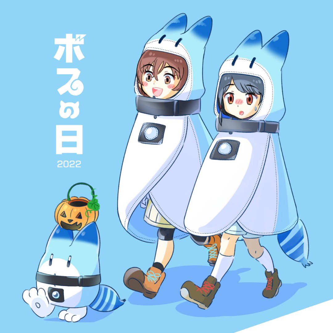 lucky beast (kemono friends) multiple girls 2girls brown hair jack-o'-lantern blue hair socks japari symbol  illustration images
