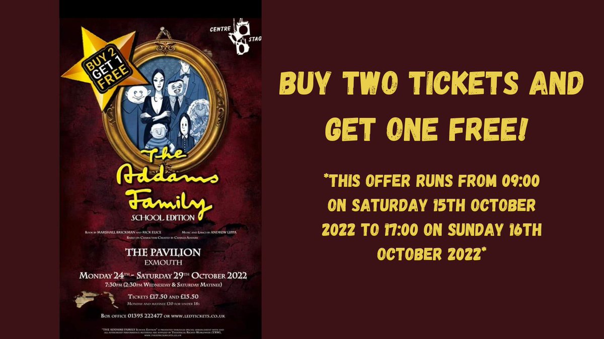 To celebrate the arrival of everyone's favourite kooky family to #Exmouth, in this spectacular #musical #comedy, we would like to offer YOU the chance to see this show, with a great offer!
Visit ledleisure.co.uk/exmouth-pavili… or call 01395 222477 to book!
#LoveDevon
#ExeterHour