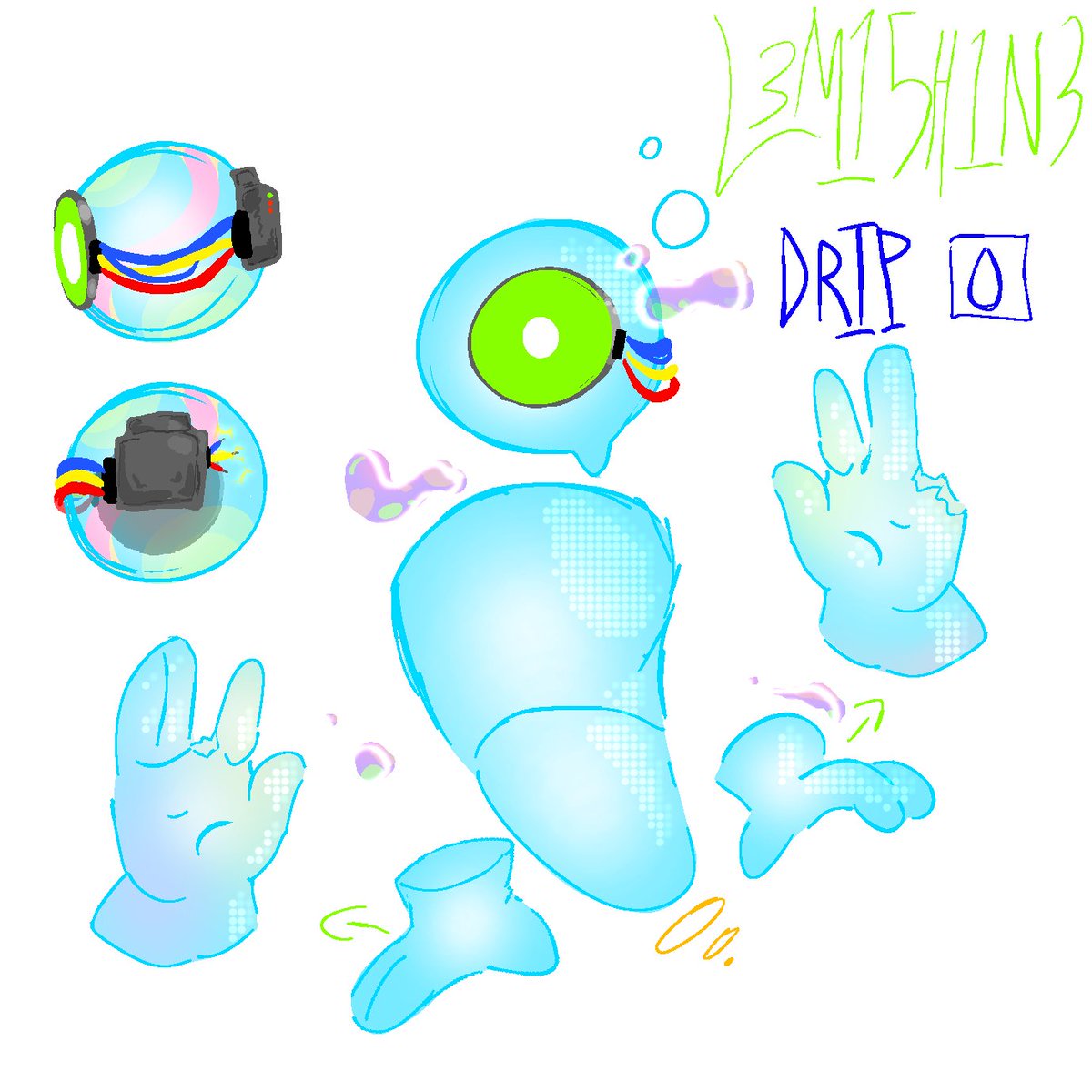 Lemondemonfan11's tweet image. our drip's lil ref sheet hehe We know they should have two eyes but we loved the og one eye design we made for em  #virtualvirtualreality2