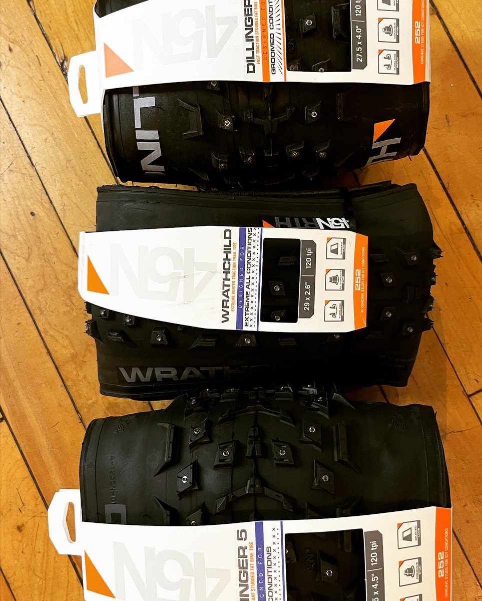 ZiggysCycleKW's tweet photo. We are fully stocked with @45nrth studded tires and more for the winter season! ❄️ 

#45nrth 
#wintercycling 
#studdedtires 
#fattire 
#biketires 
#winteriscoming https://t.co/KkVYFkAZCA