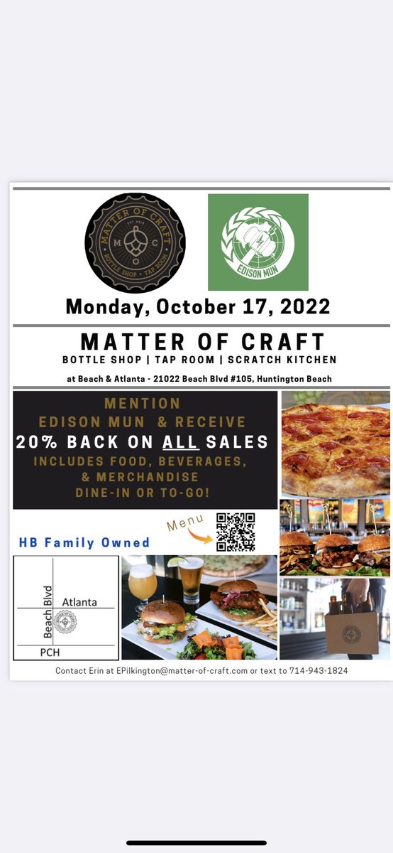 edison_mun's tweet photo. Why should I come, you ask? Happy Hour prices all day! MNF with the LA Chargers! Family friendly place with great food and drinks!
20% of ALL sales come back to our program. Funds will support amazing travel opportunities for our students. Just mention you are with Edison MUN. https://t.co/6zEm6hA5Kx