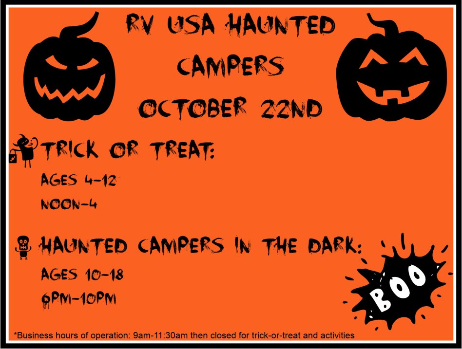 rv_usa's tweet photo. Stop by October 22nd for Trick or Treat and Haunted Campers in the dark!
71 N. West Street 
Norwalk, OH 44857
#norwalkohio #norwalktrickortreat #hauntedhousesohio #rvusa #trickortreat #halloweenfun #halloween https://t.co/IHCcxugBGW