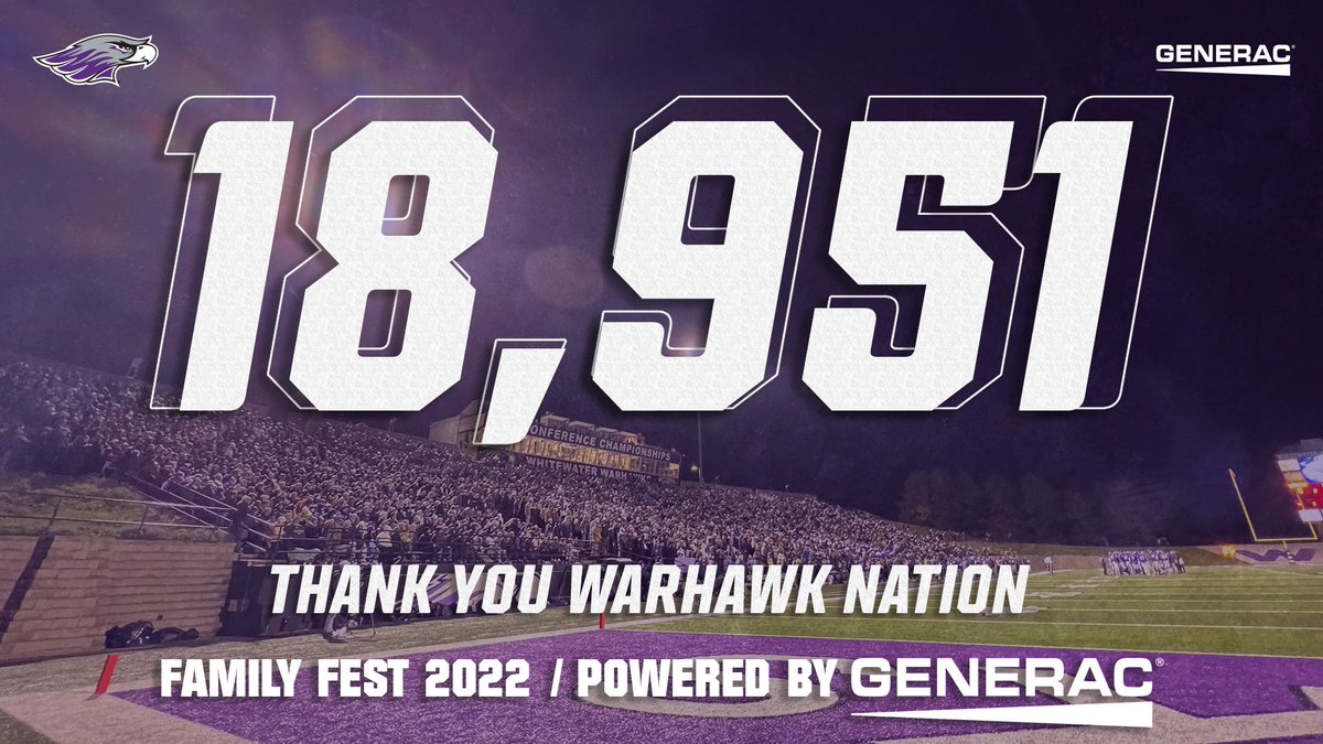 UWWAthletics's tweet photo. Thank you Warhawk nation for another great Family Fest powered by @Generac!
Perkins Stadium attendance record, WIAC attendance record, largest crowd for a Division III game played on campus…what a night at The Perk! https://t.co/LBVCpnJqCX