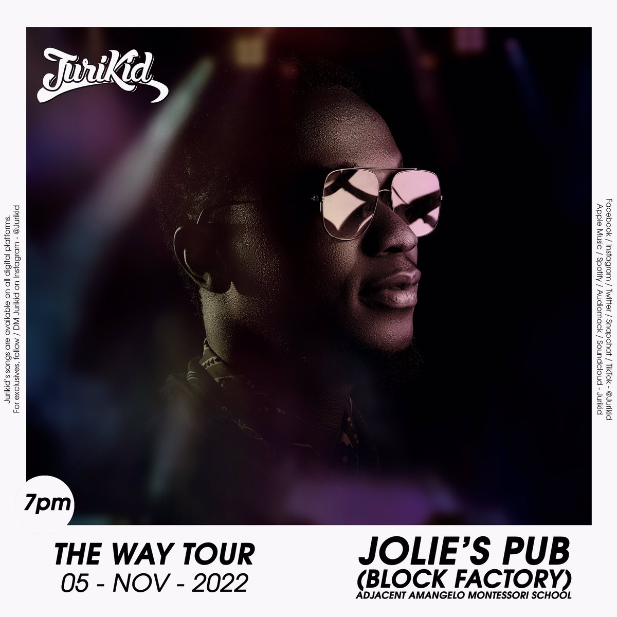 Jurikid's tweet photo. First Stop 🙏🏽🙏🏽🙏🏽

Jolie’s Pub is hosting your boy on the 5th of November 2022. Come through if you are around SCC, West Hills Mall, Old Barrier. 

I got you as usual 😊😊
#theWAYtour #ShareJURIKID #Survive https://t.co/mMLbcFHsQY