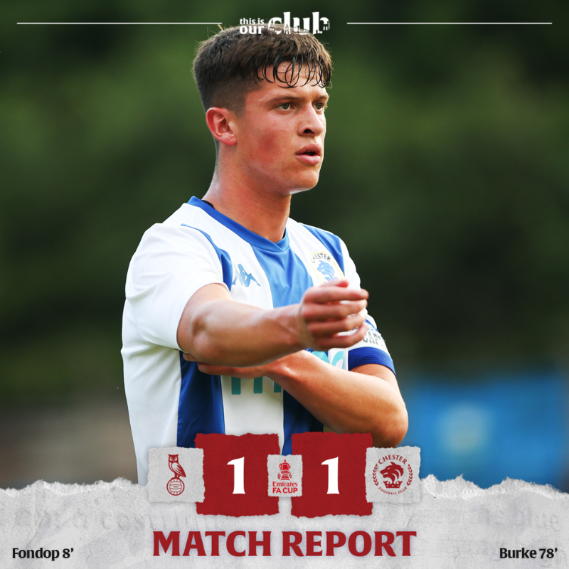 ChesterFC's tweet photo. 🙌 "The Academy graduate nodded home with 12 minutes to play, cancelling out Mike Fondop’s early opener, and sending near 2,000 Cestrians into pandemonium in the process."

📝 Read our report from today's game! 👇

#OurClub 🟡⚫️ #OLDCFC