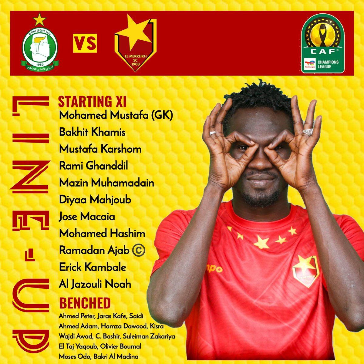 ElMerreikhSDN's tweet photo. ⭐ TEAM NEWS ⭐
Here's how we line-up 🆚️ Al Ahli SC 🇱🇾.

#ASCMSC | #TotalEnergiesCAFCL 
#AlZaeim 🇻🇳 | #ElMerreikhSDN ⭐ https://t.co/bHLKoLCZlM