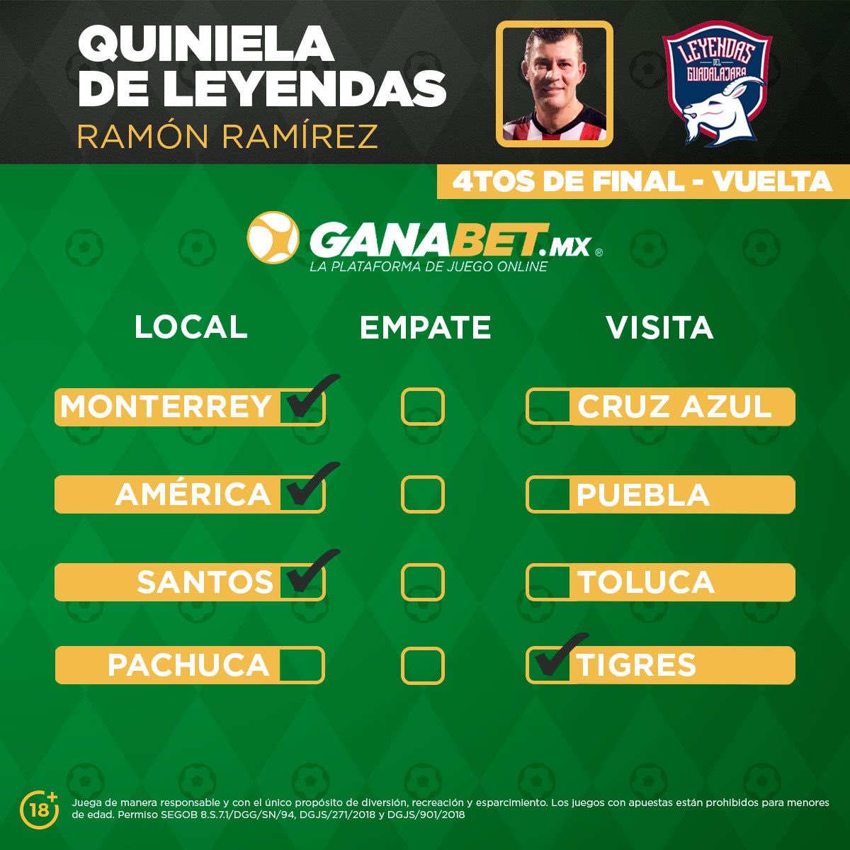 ¡Hola, amigos!

Ya tengo listo mi Parlay para la vuelta de los Cuartos de Final 🤑, por supuesto en @Ganabetmex. 

¡Juega #ComoLasLeyendas 🐐! Regístrate y obtén un Bono de $600 MXN 👉 bit.ly/Leyendas-GDL