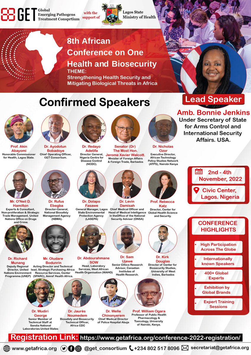 Have you seen the line up of speakers for the 8️⃣th African conference on One Health and Biosecurity❓

The conference is both in-person and virtual

📍Registration is still ongoing via >>> bit.ly/GETConference2…

This is the biggest biosecurity conference in Africa📌