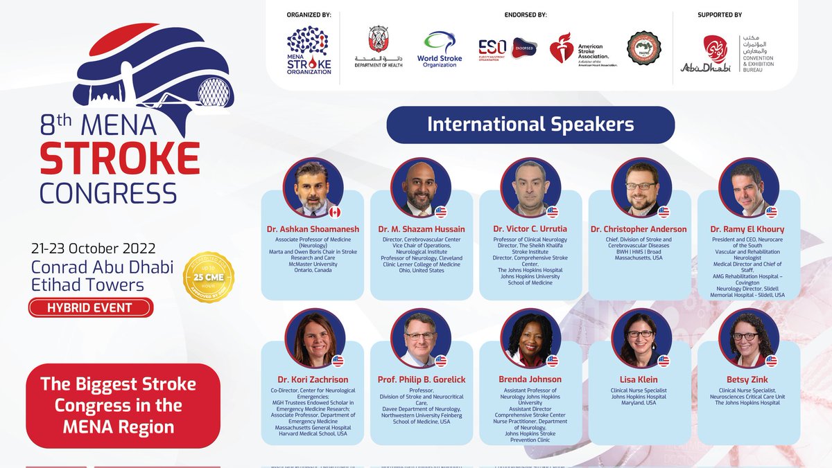 StrokeMena's tweet photo. 📢Have you met the speakes for the 8th MENA Stroke Congress?
Check out below & register now to join them in this fully-packed event🗓
📲Hurry up & secure your seat now in the 8th MENASO congress 🔗https://t.co/GC4vZvzFWE
#MENAstroke #menasoc #strokeupdate #medicalconference https://t.co/V4DfhKYqMs
