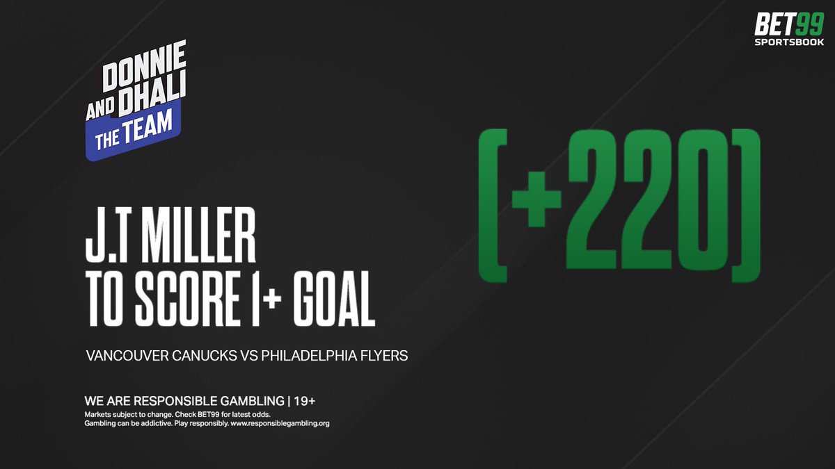 RJHenderson7's tweet photo. Catch another @DonnieandDhali BET99 #Canucks banger!

Our exclusive pick is J.T Miller 1+ goal at +220

Make your pick here

https://t.co/2IEKDEer0G https://t.co/0nOv5zMJJ5