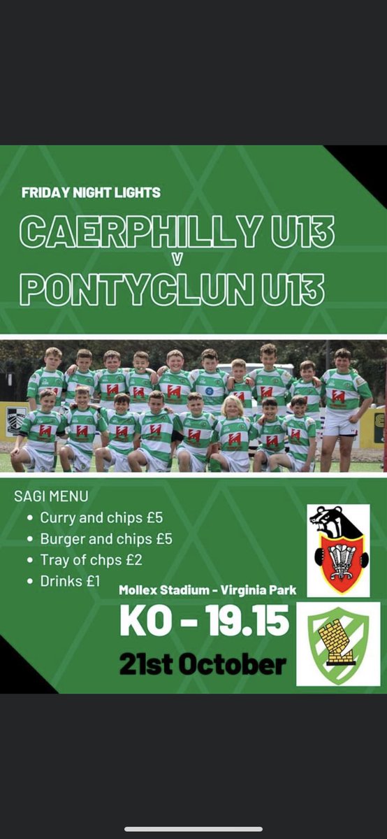 Friday night game under the lights. Come and support Caerphilly U13s 💚