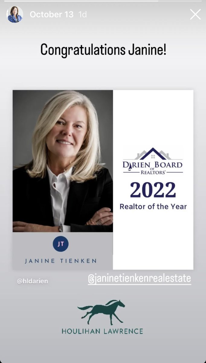 Congratulations to <a href="/HoulihanRE/">Houlihan Lawrence</a> agent Janine Tienken for being honored as REALTOR of the Year by the #Darien Board of Realtors. Well deserved and so proud to work with Janine! 👏 #inwiththebest #houlihanlawrence