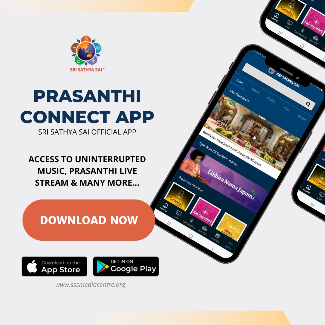 TheSathyaSai's tweet photo. Download the Prasanthi Connect App (Ver 2.0.16) now and have access to Uninterrupted Music, Prasanthi Stream and many more...
Google: https://t.co/TXcr0YbFVO
Apple: https://t.co/WzKTSZDbLd
#PrasanthiConnect
#SSSMC https://t.co/TlG972Y0Sa