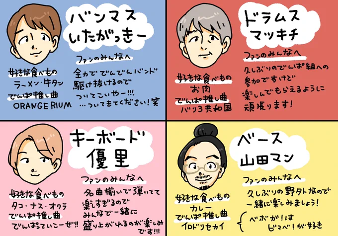 ⚡️明日の #電九野音 に来られる方へ⚡️
でんでんバンドの事も、もっと知って楽しんでもらいたいと思い!似顔絵とプロフィールを描かせて頂きました!!!
https://t.co/sHvja1cyyh 