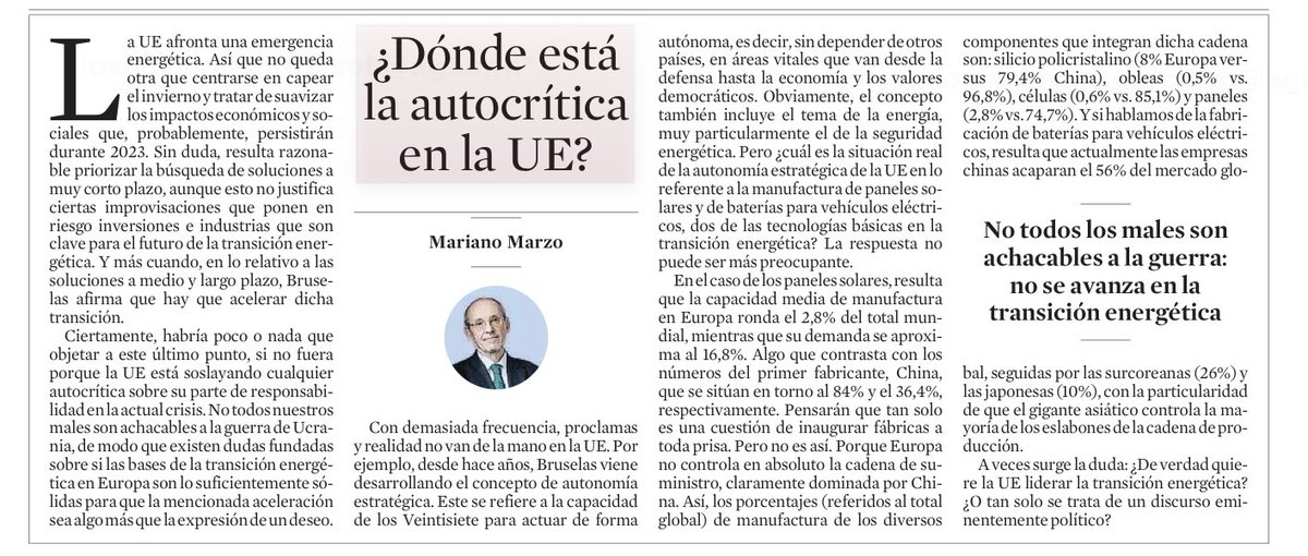 Autonomía energética y #Europa ¿Es posible la transición energética europea sin #Industria? El profesor #MarianoMarzo pone el dedo en la llaga con datos contundentes. ⁦<a href="/LaVanguardia/">La Vanguardia</a>⁩ #Energia