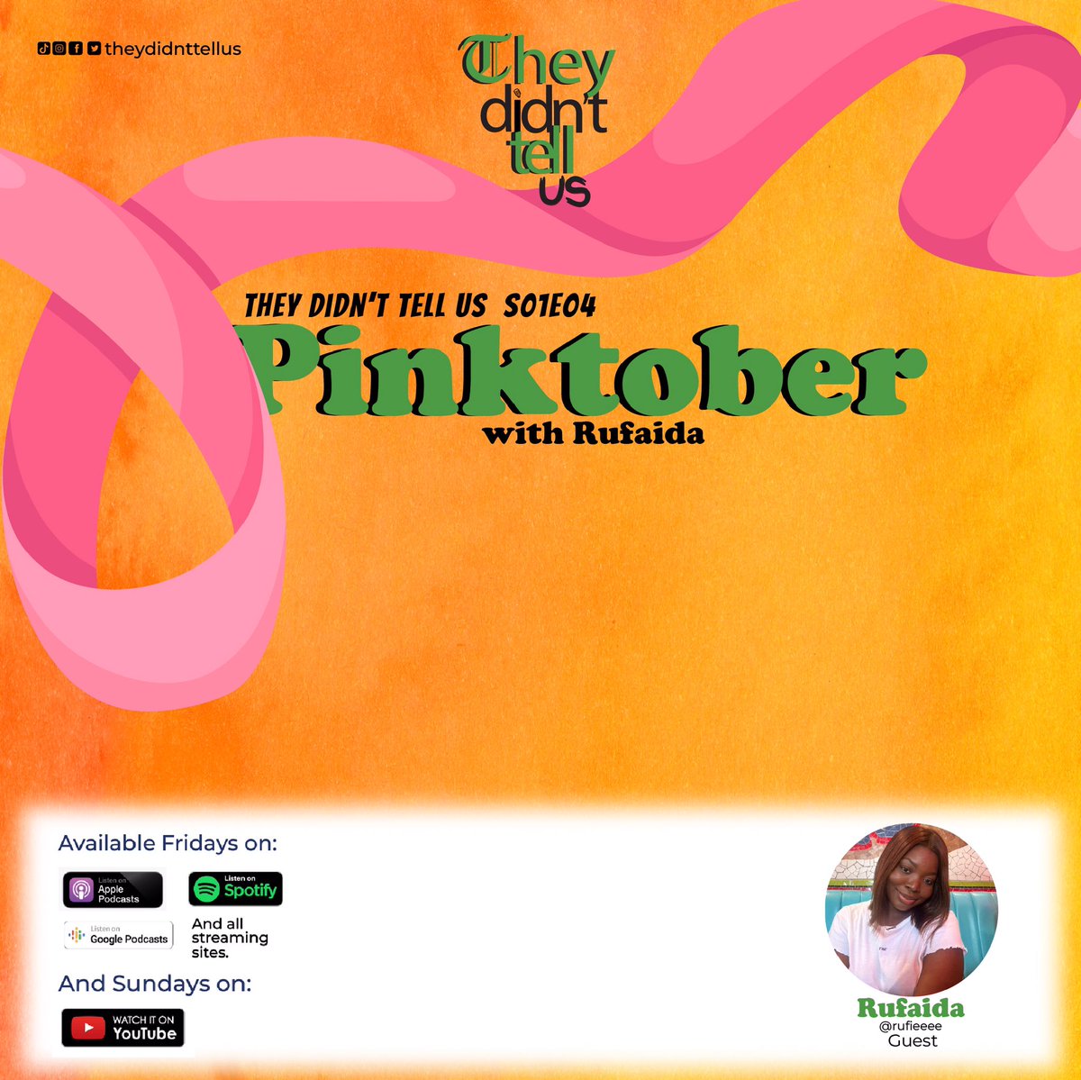theydidnttellus's tweet photo. We joined the campaign on Breast Cancer Awareness and got yโall an episode featuring @RufaidaAbass
Do well to listen and leave your reviews.
https://t.co/4NdfAOuWeF
#tdtu #breastcancerawarenessday #breastcancerawareness #Pinktober #PinkOctober #treatit #preventit https://t.co/RXm1RWbzRa