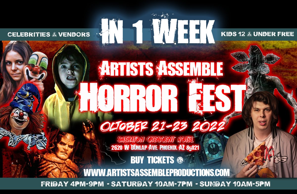 ThePhoenixxx's tweet photo. In 1 WEEK don’t miss Artists Assemble Horror Fest!
Tickets on sale at https://t.co/CtdNWCBpah
Kids 12 and under FREE
Artists &amp; Vendors from all over the US
Celebrity signings &amp; Photo Ops https://t.co/9G62edFNiM