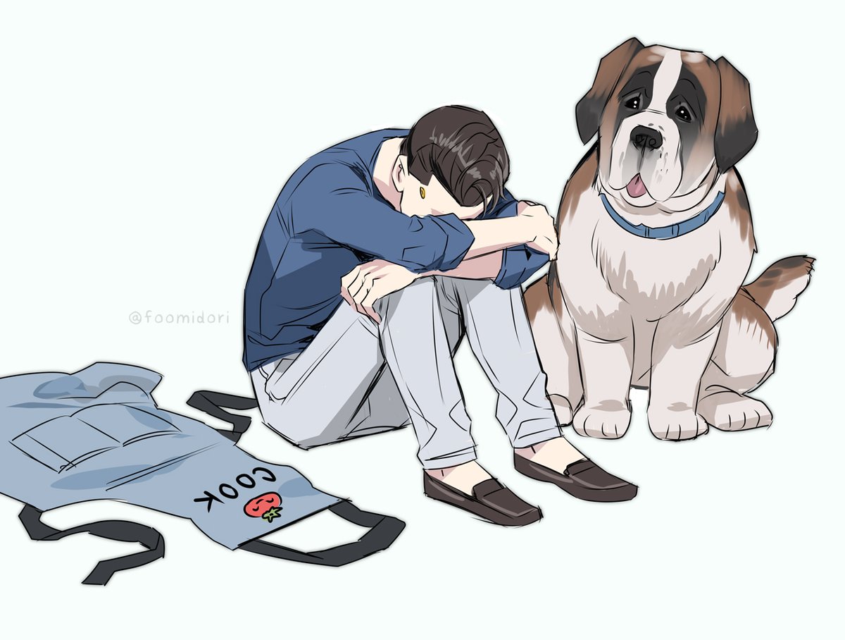 1boy male focus grey pants shirt pants sitting dog  illustration images