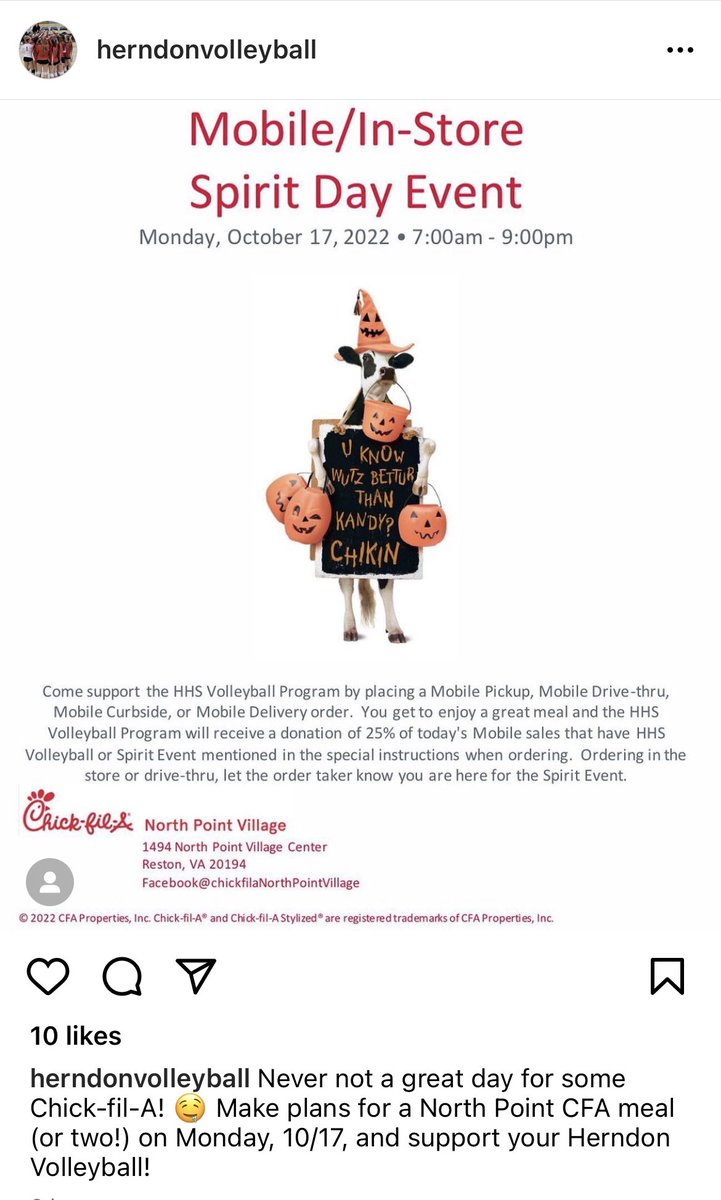 HornetBoosters's tweet photo. No need to cook or make anything this Monday, 10/17! Let @ChickfilA provide your high-quality proteins in support of @herndonvolleyball! #volleyballforthewin #chickenforthewin #WeAreHerndon #HerndonStrong #GoHerndonHornets #HerndonHSProud @herndonsports https://t.co/fGdfgRpOxU