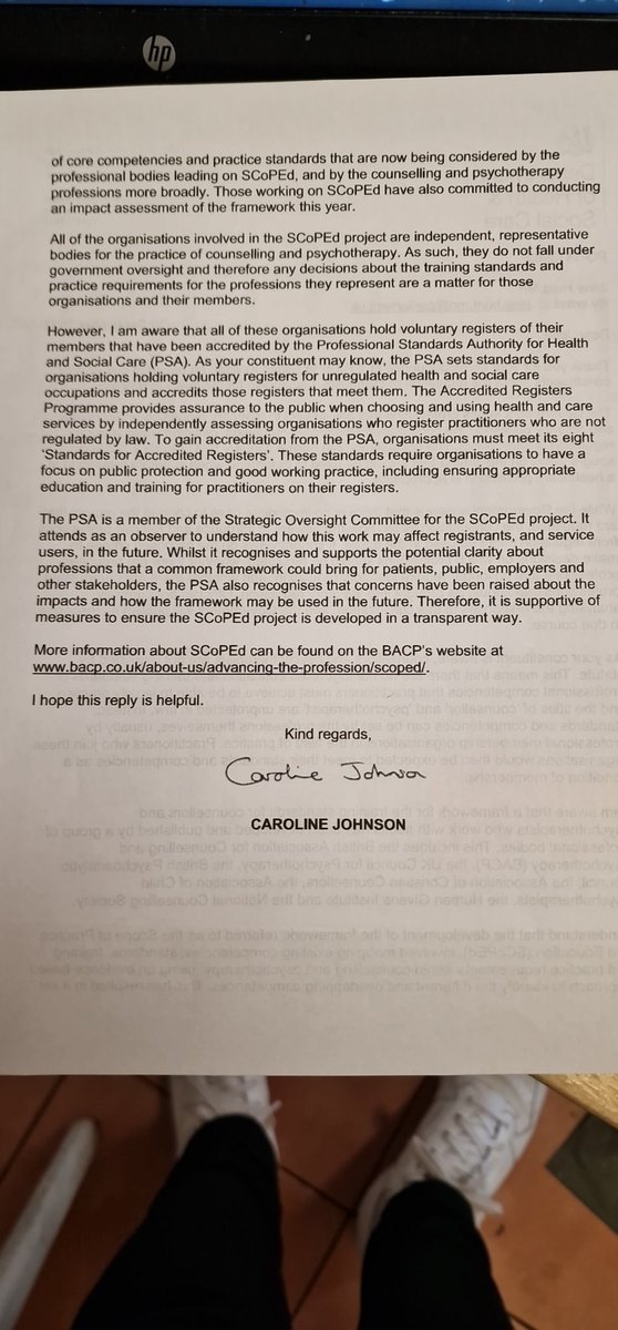 VTelfersmith's tweet photo. This is the letter I received from the Minister for Health &amp; Social Care. She is under the impression that #Scoped is a move in the direction of self regulation.......
Let me know if it's OK to read..... https://t.co/7fN2H50RPS