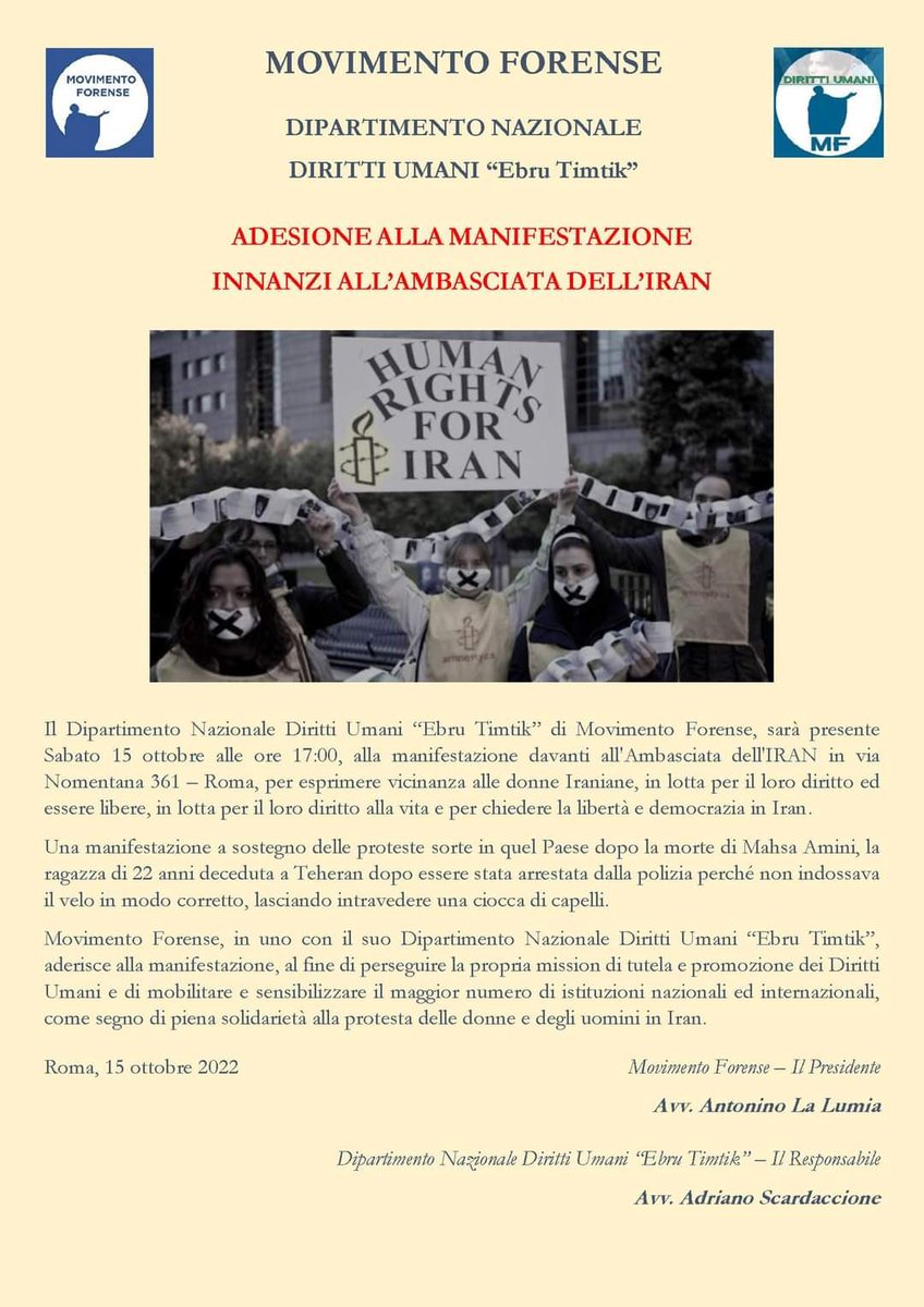 Movimento Forense #dipartimento #nazionale #DirittiUmani  “Ebru Timtik” aderisce alla manifestazione innanzi all’ambasciata dell’Iran. <a href="/alalumia/">Nino La Lumia</a> <a href="/MCesali/">Massimiliano Cesali</a> <a href="/radiotribunale/">RadioTribunale</a> <a href="/AScardaccione/">Adriano Scardaccione</a>