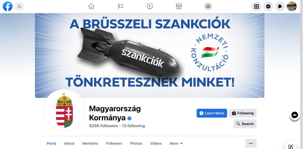 DobrevKlara's tweet image. While Russian bombs kill children... The HU government replaced its background pic on its official Fb-page. It says: "Sanctions of Brussels destroy us!" The word "sanctions" is also written on the bomb, as if "Brussels" threw bombs and not Putin...
Such a moral disgrace!
