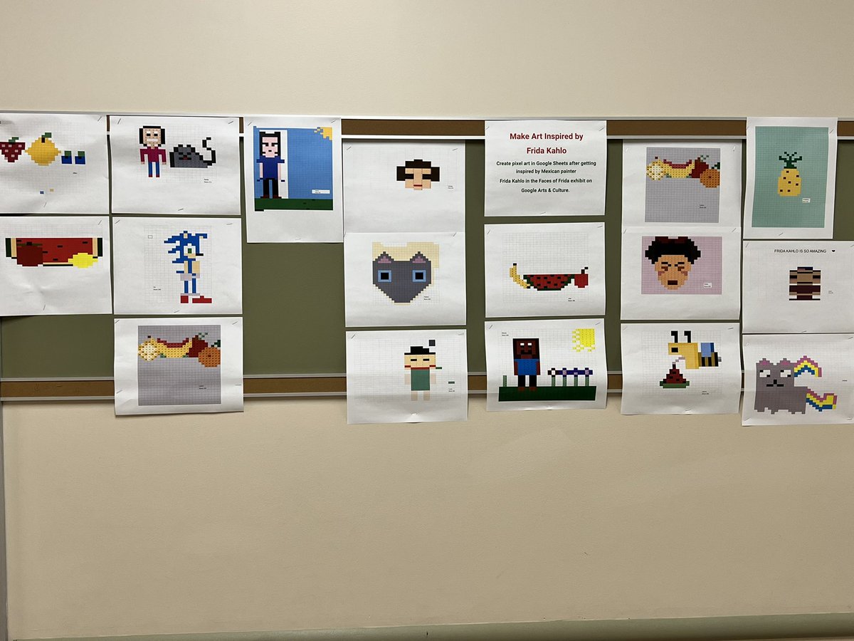 JeffBlueKnights's tweet photo. Hispanic Heritage Month at Jefferson! Computer classes learned about Frida Kahlo and her art work. They created inspired pixel art projects using Google Sheets! #WeareproudofU https://t.co/7d1VaRAfSx